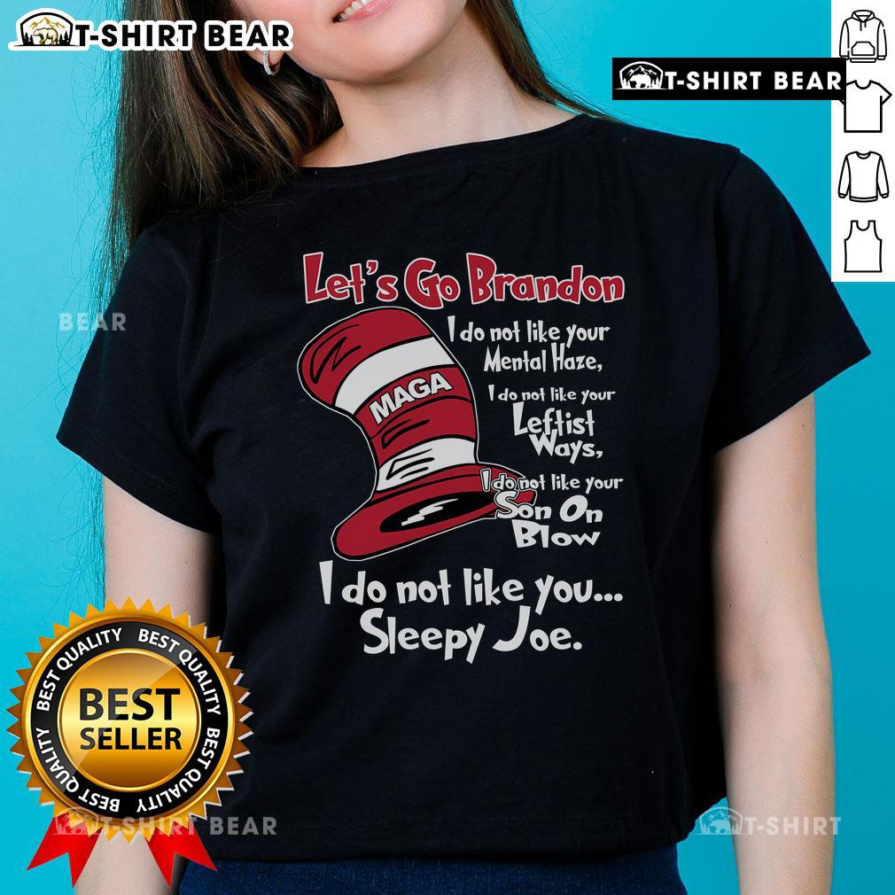Good Lets Go Brandon MAGA Ladies Tee featuring bold text and patriotic colors, perfect for expressing conservative pride.