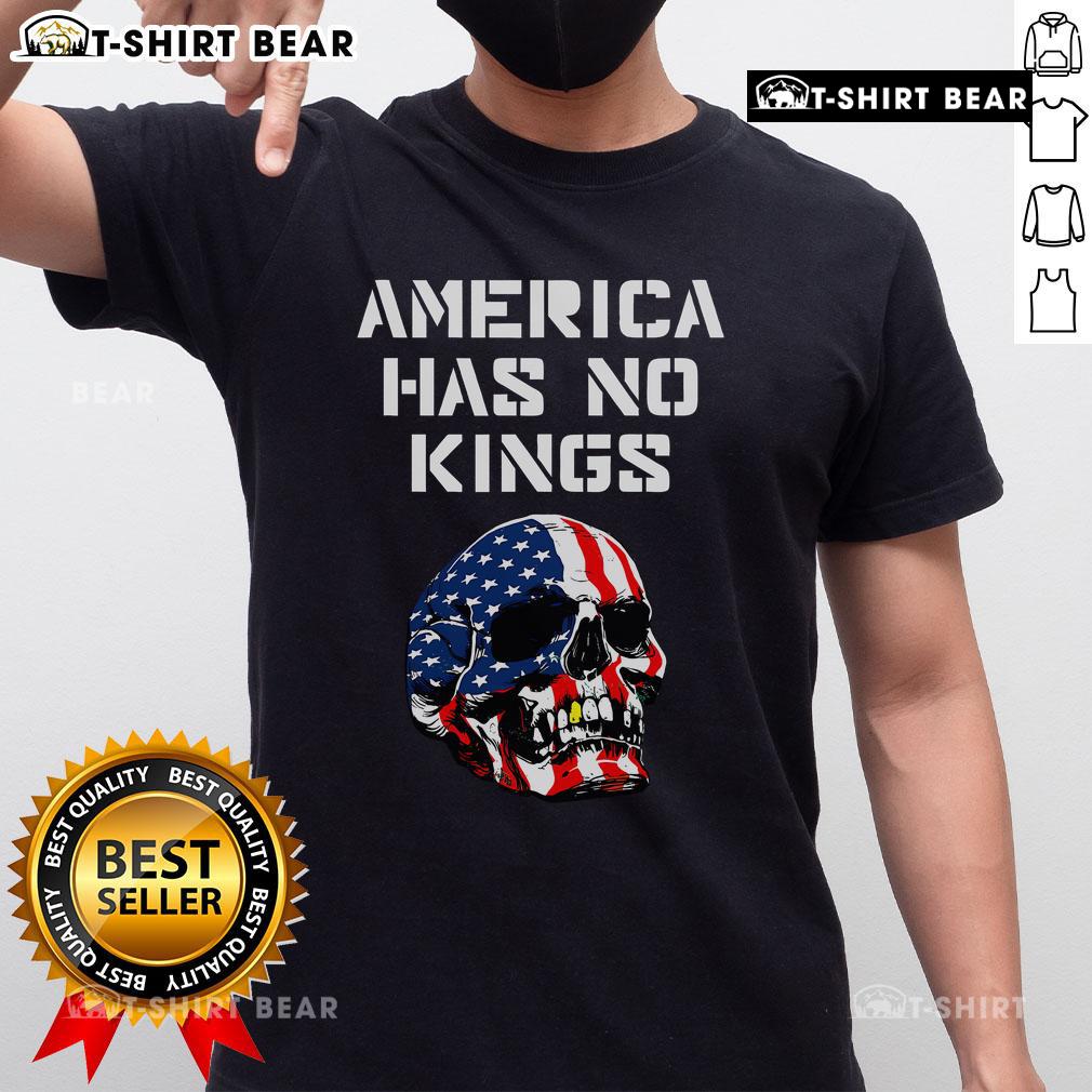 Alt Text: Hot America Has No Kings T-Shirt featuring a skull and United States flag design, perfect for patriotic fashion.