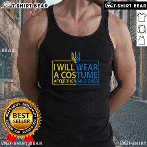 Man wearing 'I Will Wear A Costume When War Is Over' Zelensky Slava Ukraine tank top, showcasing support for Ukraine.
