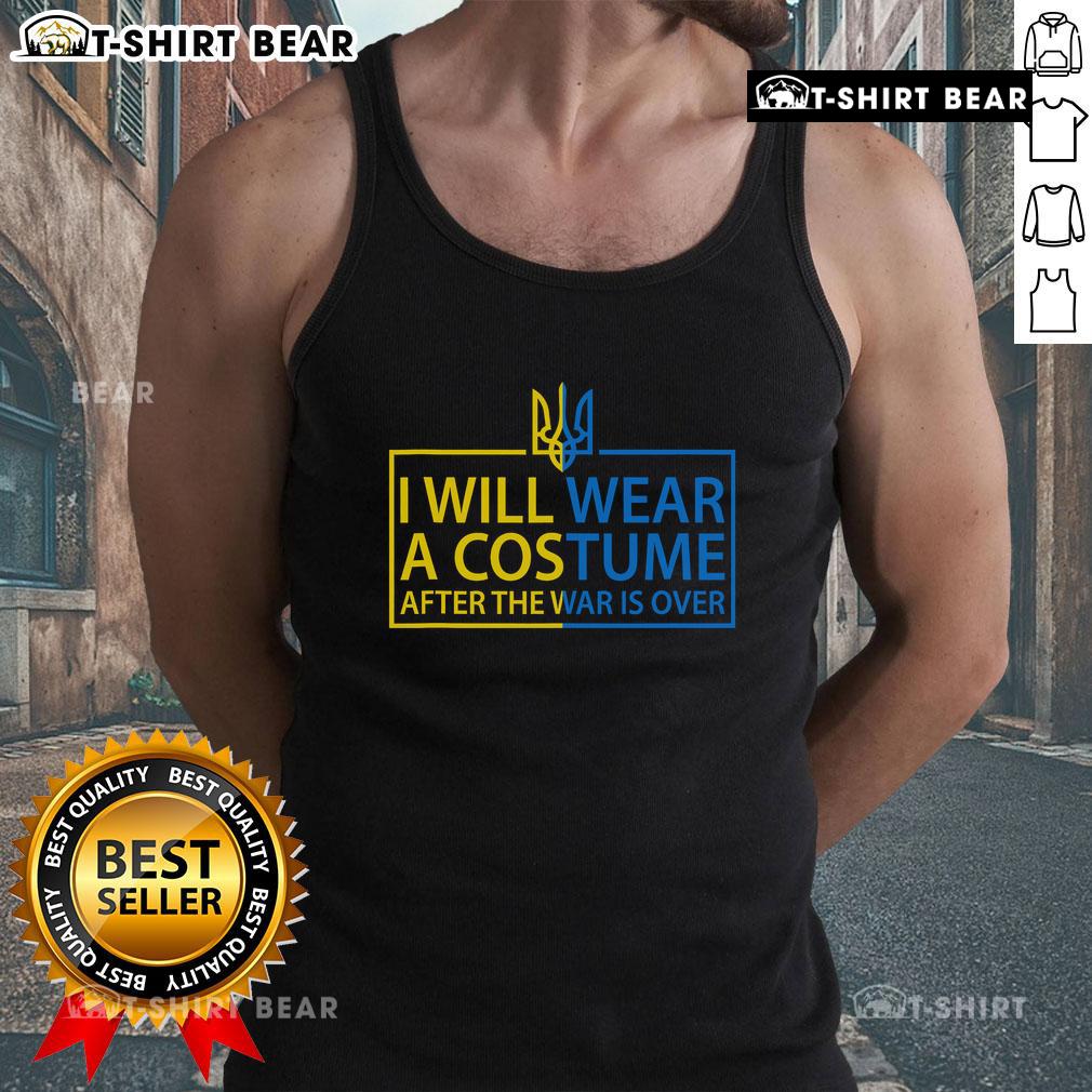 Man wearing 'I Will Wear A Costume When War Is Over' Zelensky Slava Ukraine tank top, showcasing support for Ukraine.