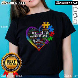 Heart design on a ladies tee for Autism Awareness, perfect for teachers who support and celebrate neurodiversity.
