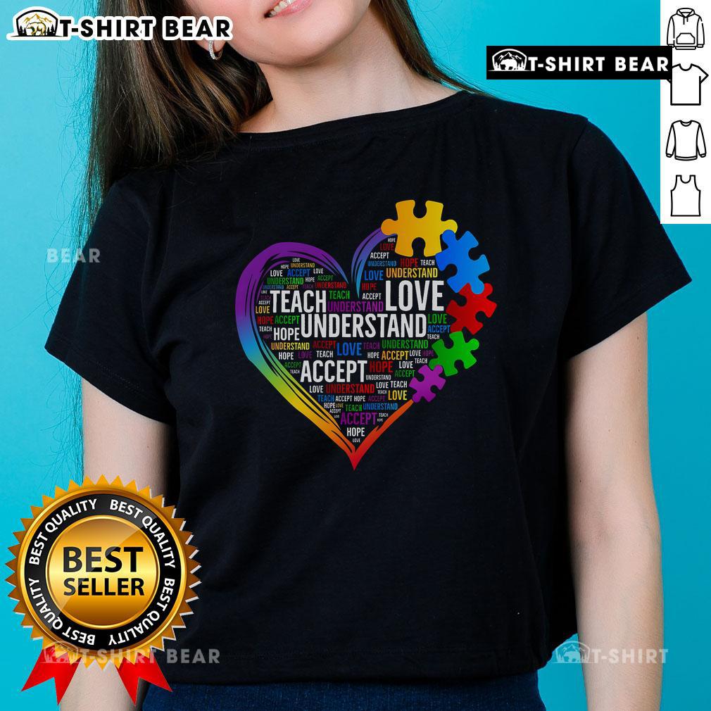 Heart design on a ladies tee for Autism Awareness, perfect for teachers who support and celebrate neurodiversity.