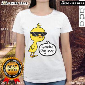 Cute yellow chicks on a ladies tee for Easter, featuring the phrase Nice Easter Chicks Dig Me for a festive look.