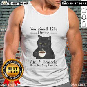 Black cat coffee tank top with 'You Smell Like Drama and a Headache' design, perfect for cat lovers and coffee enthusiasts.