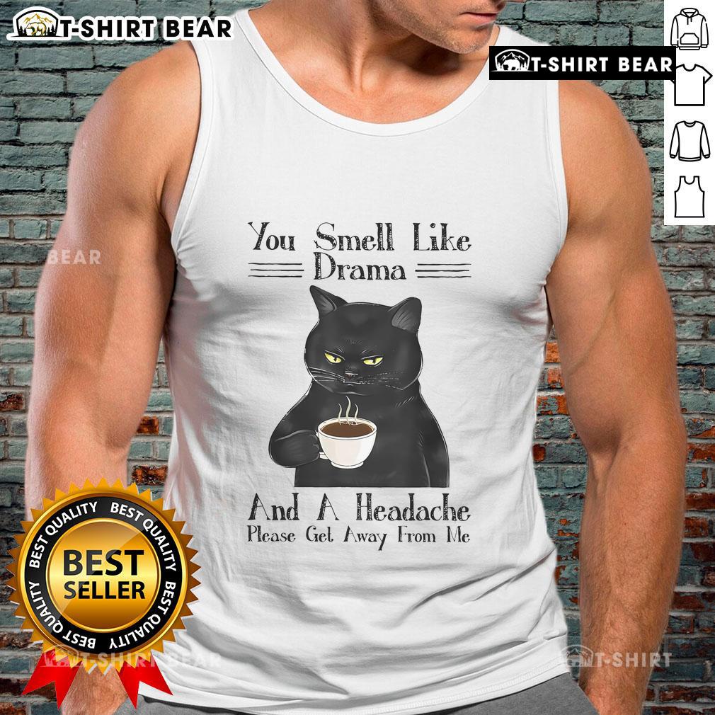Black cat coffee tank top with 'You Smell Like Drama and a Headache' design, perfect for cat lovers and coffee enthusiasts.