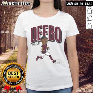Deebo Samuel caricature on a Washington Commanders NFL ladies tee, showcasing vibrant colors and team spirit.