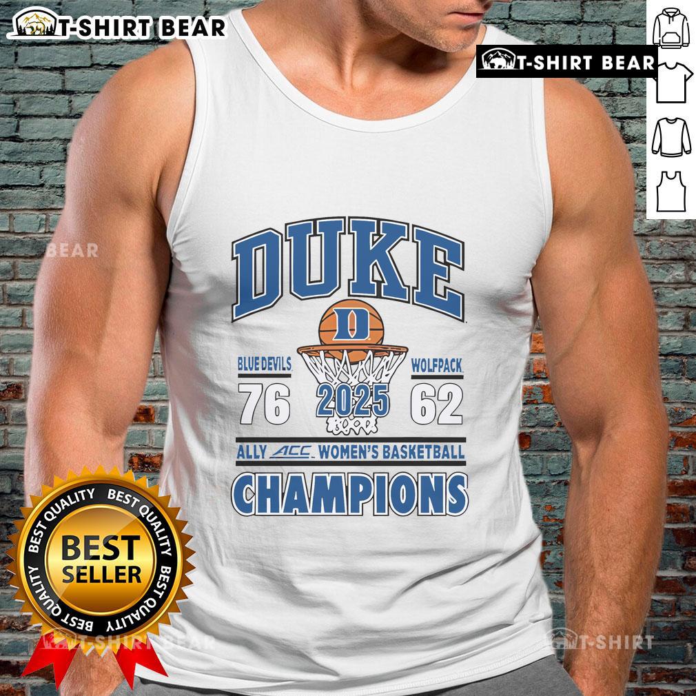 Alt Text: Official Duke Blue Devils vs Wolfpack 2025 Ally ACC Women's Basketball Champions tank top featuring team logos.