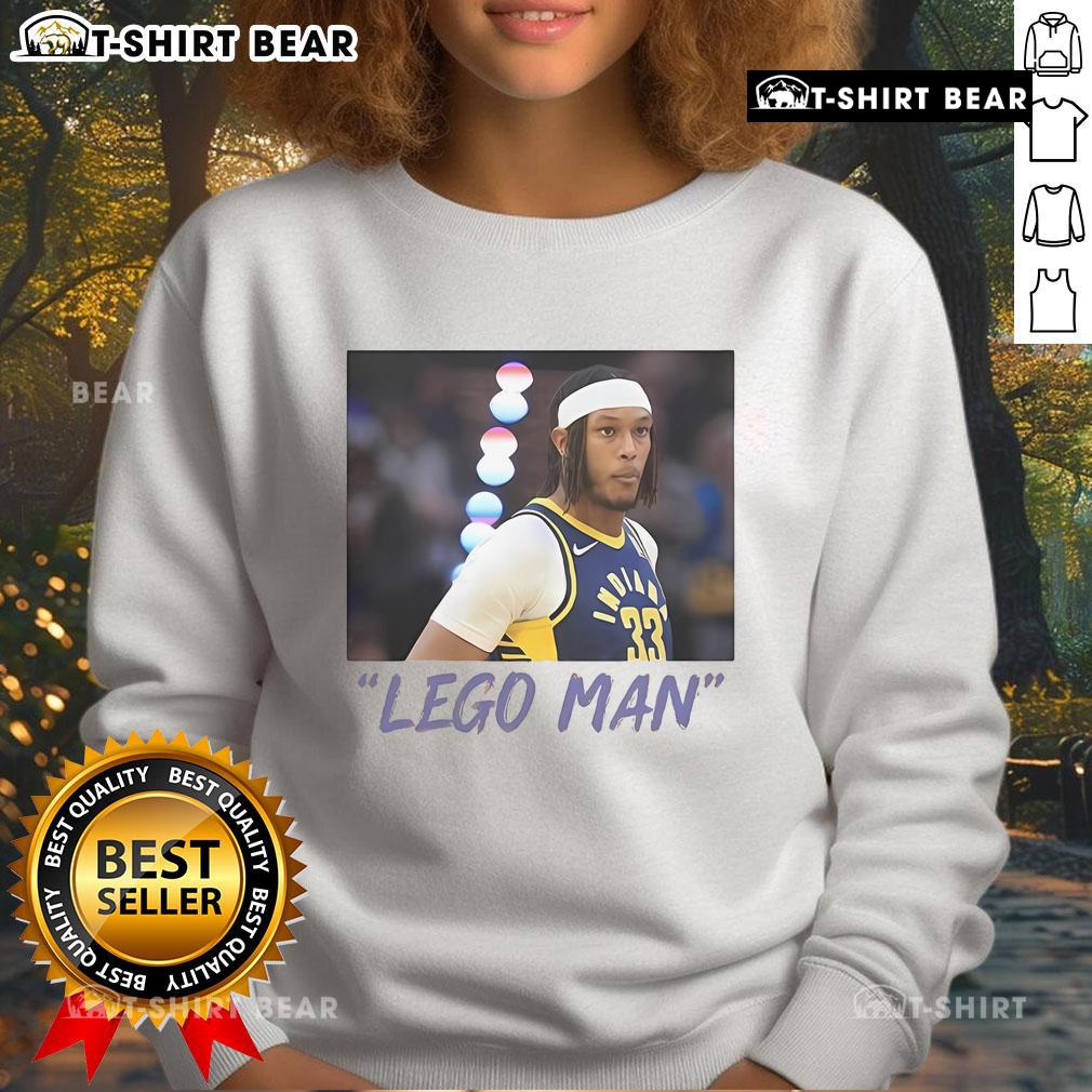 Alt Text: Official Lego Man Myles Turner sweatshirt featuring vibrant colors and unique design for basketball fans.