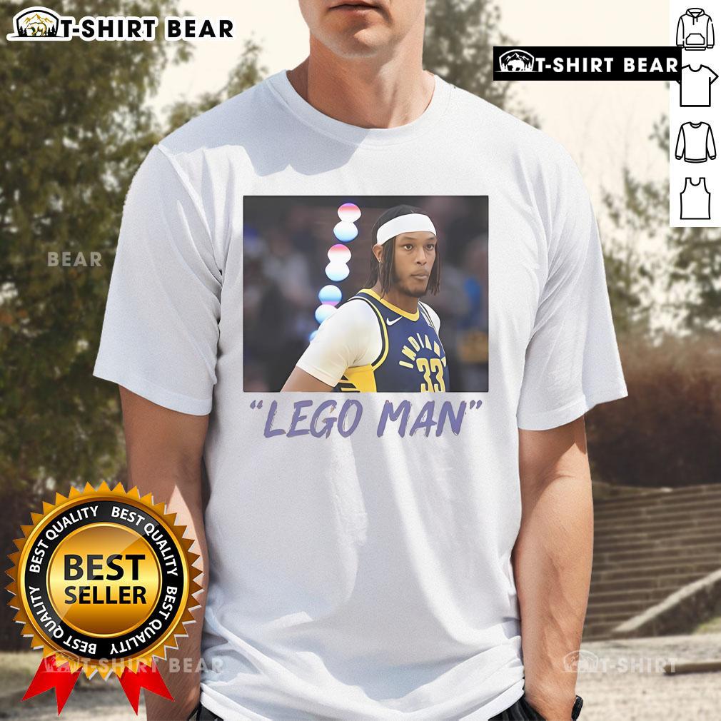 Alt Text: Official Lego Man Myles Turner T-Shirt featuring a colorful graphic of Myles Turner in Lego style.