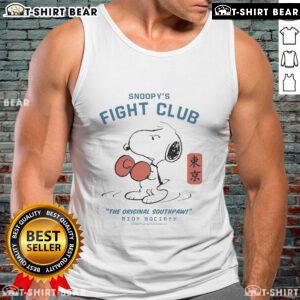 Alt Text: Snoopys Fight Club tank top from Riot Society 2025, featuring iconic Peanuts characters and a stylish southpaw design.