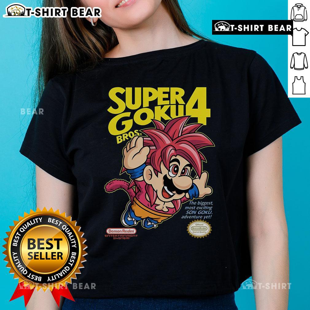 Alt Text: Official Super Mario Goku Bros 4 Ladies Tee featuring Son Goku in an exciting adventure design.