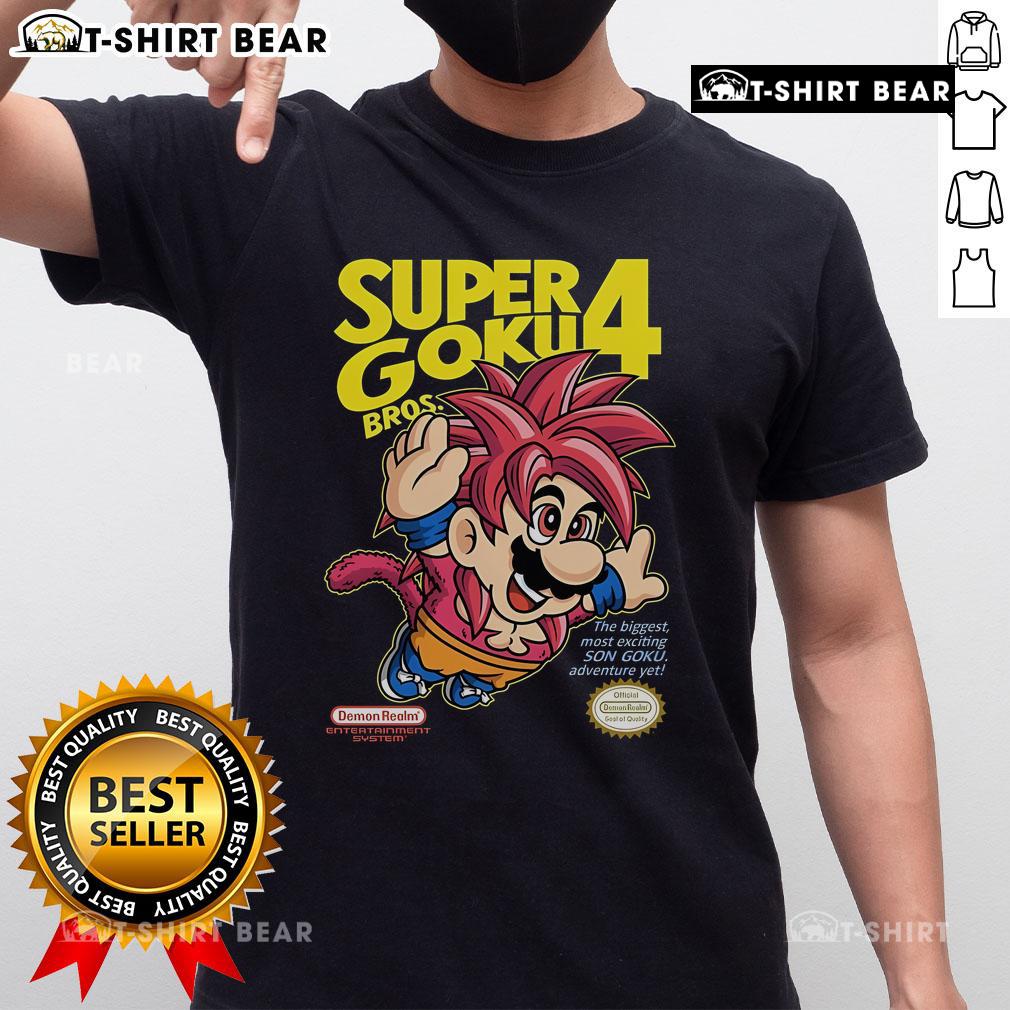 Alt Text: Official Super Mario Goku Bros 4 T-Shirt featuring Son Goku in an exciting adventure-themed design.