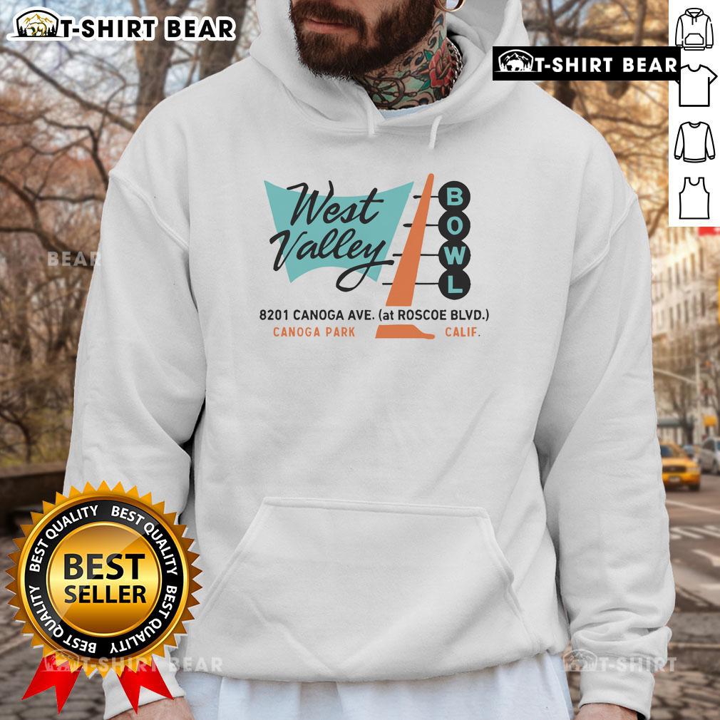 Vintage Official West Valley Bowl hoodie from Canoga Park, CA, showcasing retro bowling alley design and vibrant colors.