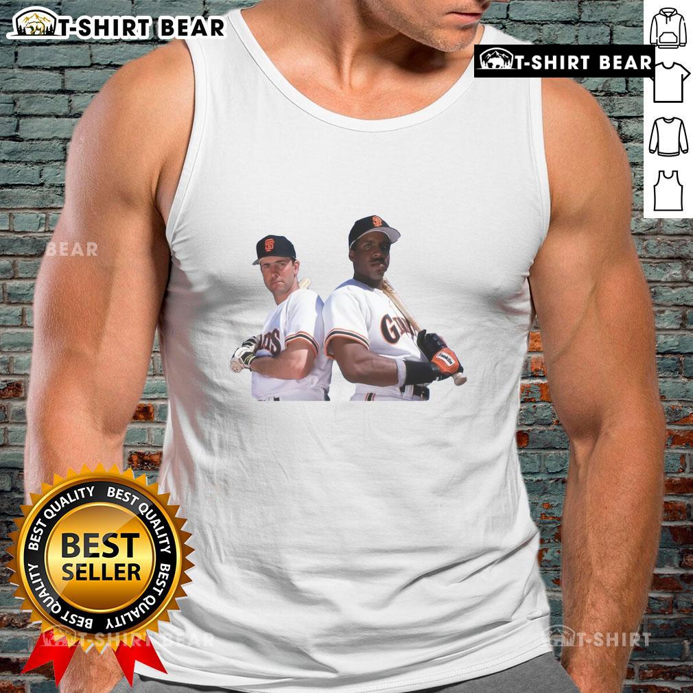 Alt Text: Official Will Clark and Barry Bonds San Francisco Giants baseball tank top featuring team logos and player graphics.
