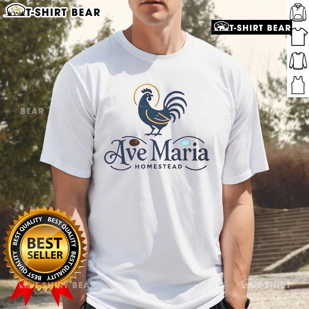 Premium Ave Maria Homestead Chickens T-Shirt featuring vibrant chicken graphics and comfortable fabric for farm lovers.