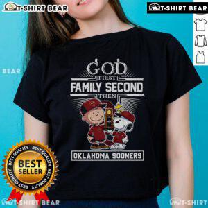 Premium God First Family Second Then Oklahoma Sooners Snoopy Ladies Tee featuring a stylish design for fans.