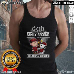 Premium God First Family Second Oklahoma Sooners Snoopy tank top featuring vibrant colors and playful design.