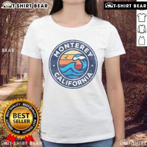 Premium Monterey California vintage nautical waves ladies tee in sunny coastal setting, perfect for ocean lovers.