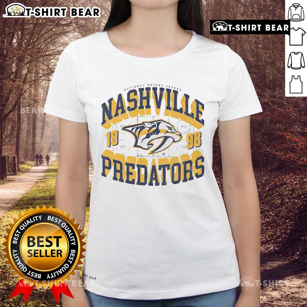 Alt Text: Premium Nashville Predators Rink Arched Wordmark Ladies Tee in vibrant colors, perfect for fans and casual wear.