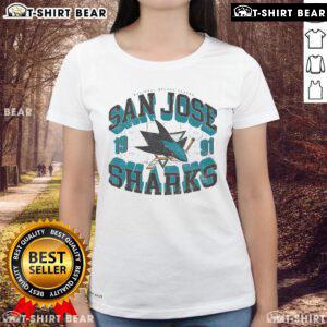 Alt Text: Premium San Jose Sharks Rink Arched Wordmark Ladies Tee showcasing stylish design and team pride.