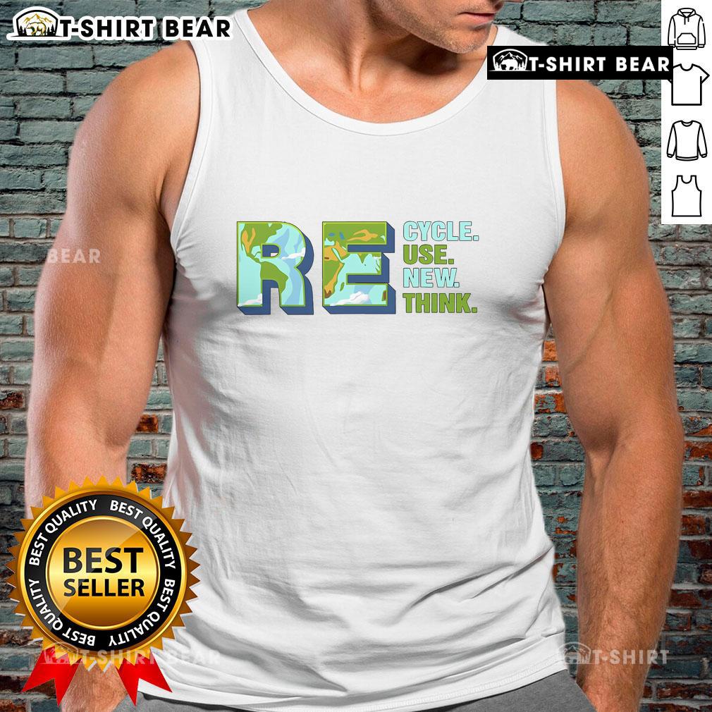Alt Text: Pretty Earth tank top featuring 'Recycle, Reuse, Renew, Rethink' slogan, promoting environmental activism and sustainability.