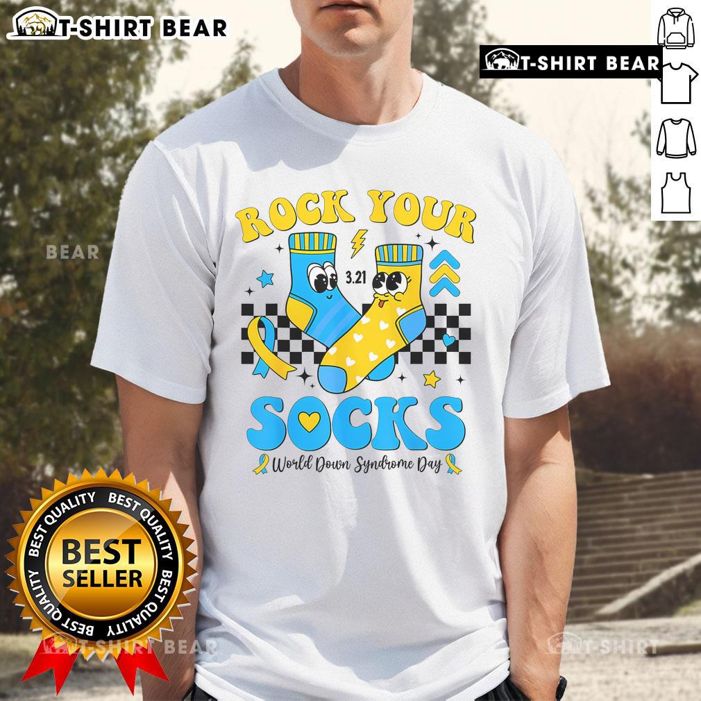 Alt Text: Pretty Rock Your Socks World Down Syndrome Awareness Day T-Shirt featuring colorful design and uplifting message.