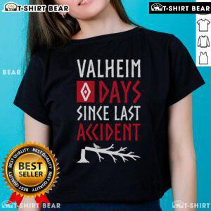 Funny gamer ladies tee featuring 'Top 0 Days Since Last Accident' design inspired by Valheim Norse mythology.