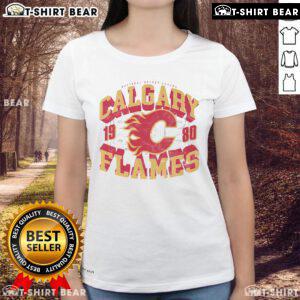 Alt Text: Top Calgary Flames rink arched wordmark ladies tee in vibrant red, perfect for fans showing team pride.