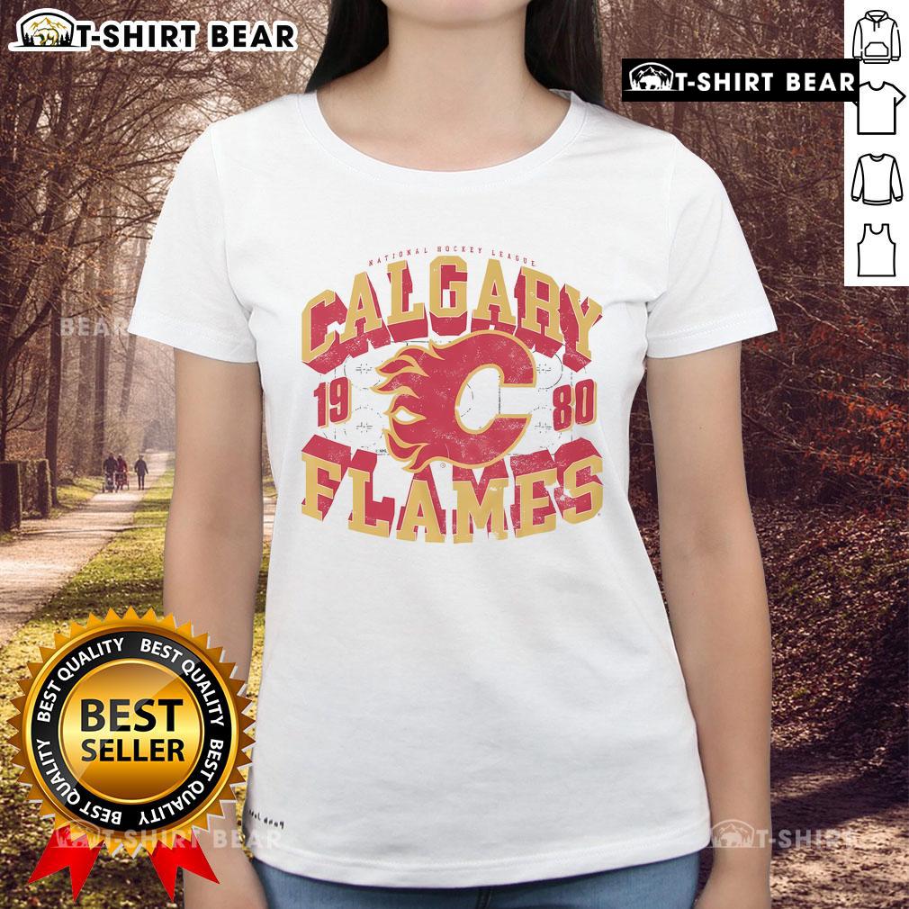 Alt Text: Top Calgary Flames rink arched wordmark ladies tee in vibrant red, perfect for fans showing team pride.