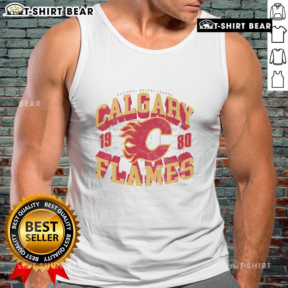 Alt Text: Stylish tank top featuring the Calgary Flames arched wordmark design, perfect for fans and summer wear.