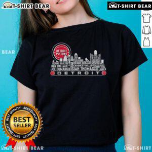Alt Text: Top Detroit Pistons All Name of Legends City Skyline Ladies Tee featuring iconic Detroit skyline and team spirit.