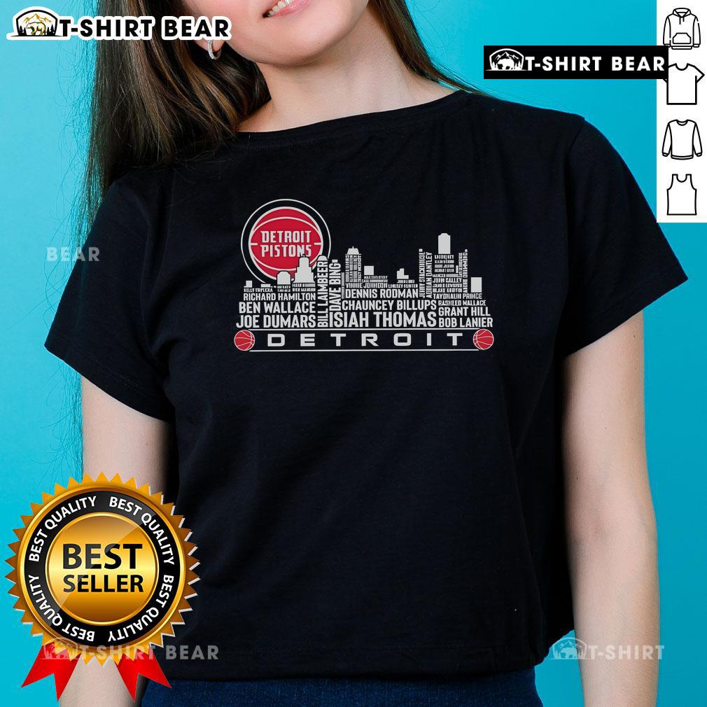 Alt Text: Top Detroit Pistons All Name of Legends City Skyline Ladies Tee featuring iconic Detroit skyline and team spirit.