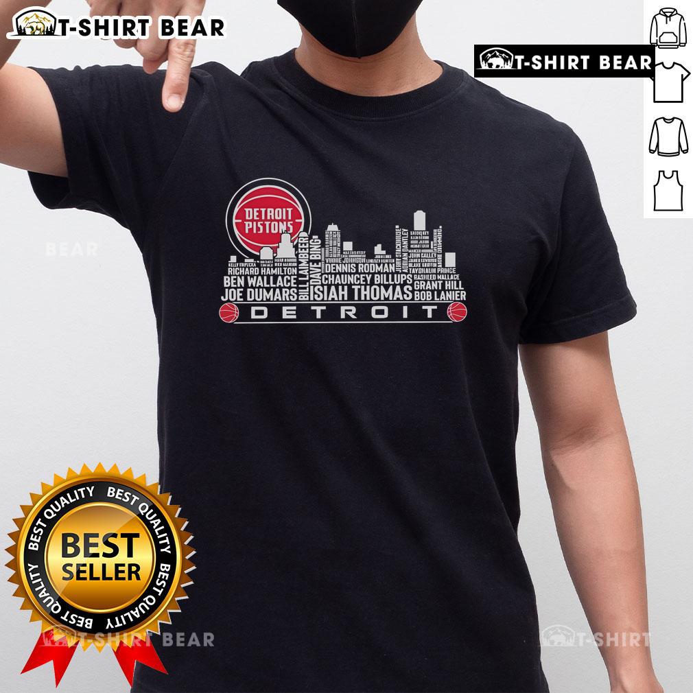 Top Detroit Pistons All Name of Legends City Skyline T-Shirt featuring iconic player names and the Detroit skyline design.