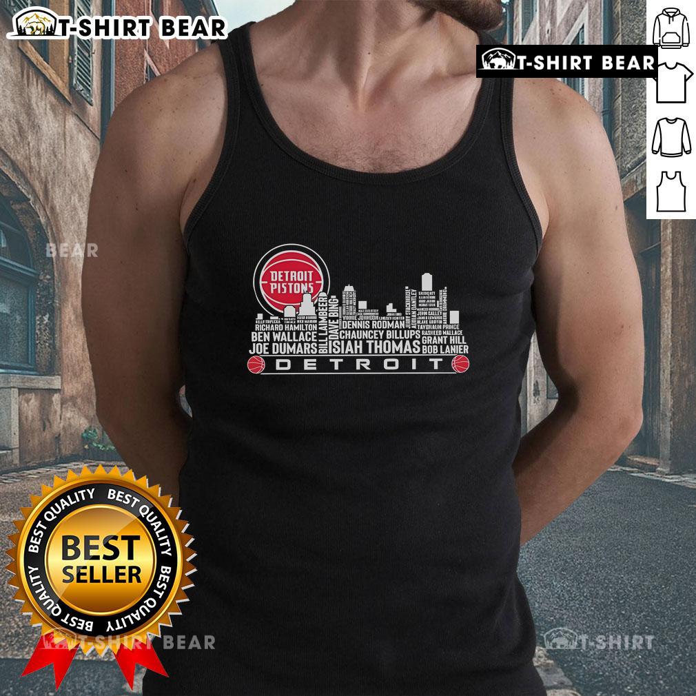 Alt Text: Top Detroit Pistons all-name of legends city skyline tank top featuring vibrant graphics and team spirit.