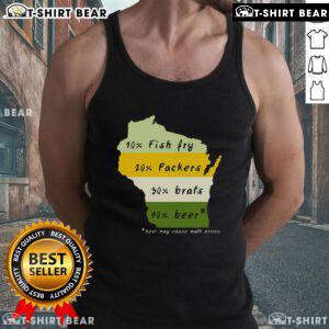 Person wearing a 'Top Drink Local Wisconsin Beer' tank top while enjoying a craft beer at a brewery in Wisconsin.