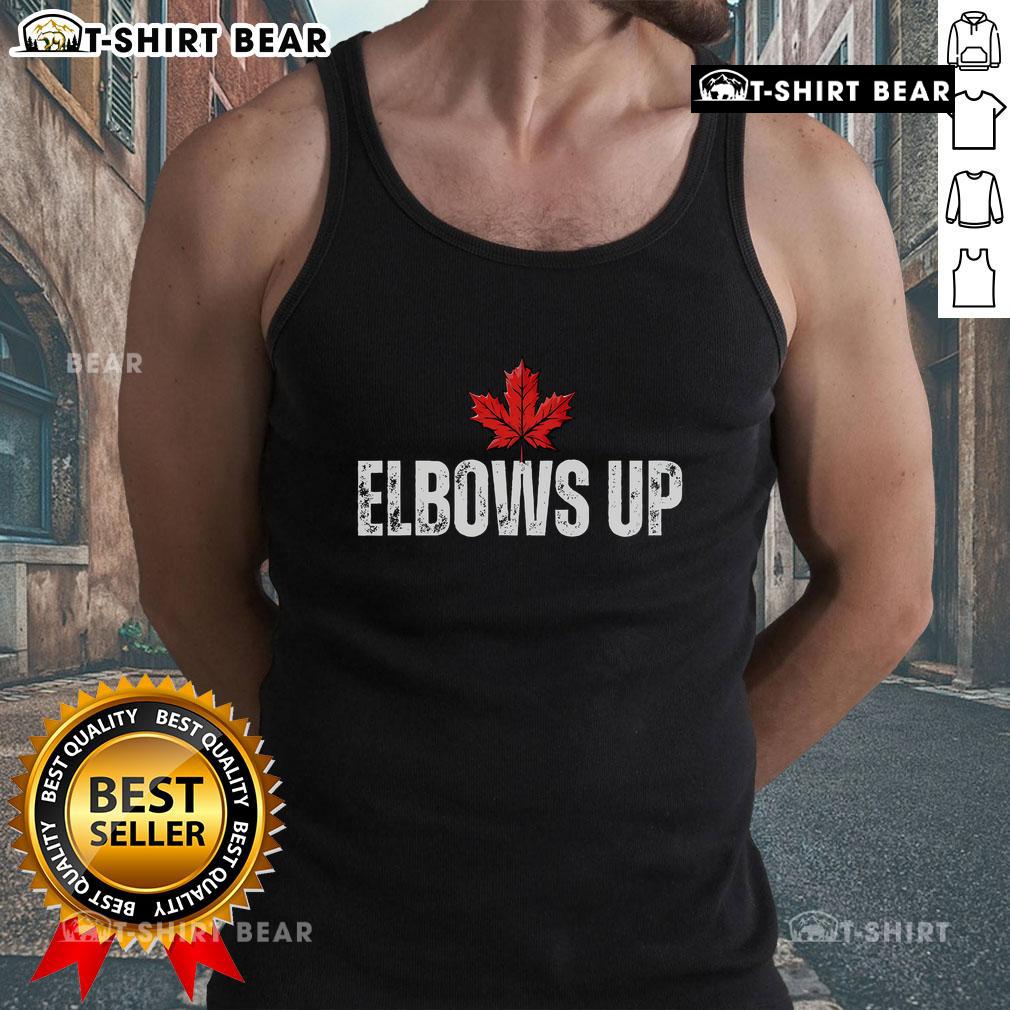 Top Elbows Up Canada tank top featuring 'True North Strong and Free' design for proud Canadians celebrating their heritage.