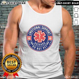 Man wearing a 'Top Emotional Support Husband Do Not Pet Service Dog' tank top, promoting awareness for service animals.