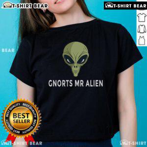 Top Gnorts Mr. Alien Ladies Tee featuring a vibrant alien graphic, perfect for stylish and playful casual wear.