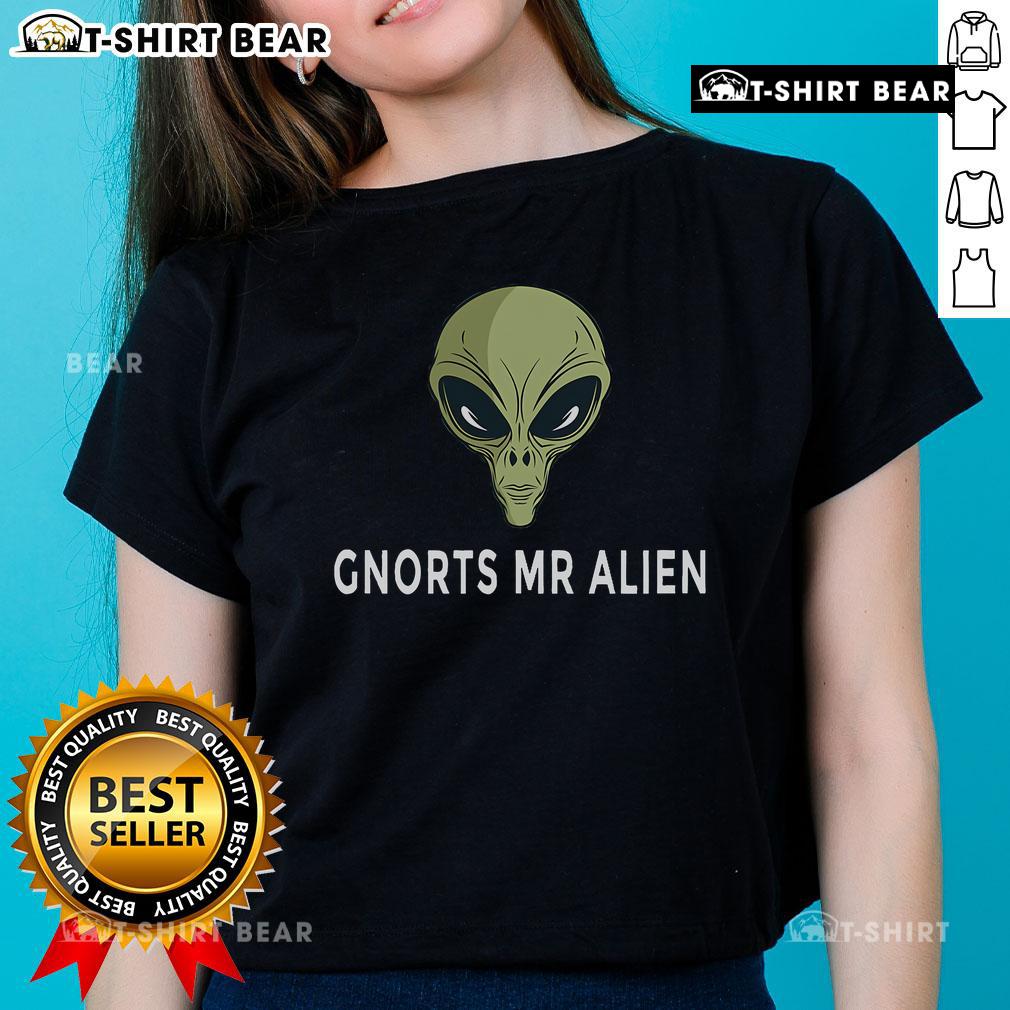 Top Gnorts Mr. Alien Ladies Tee featuring a vibrant alien graphic, perfect for stylish and playful casual wear.
