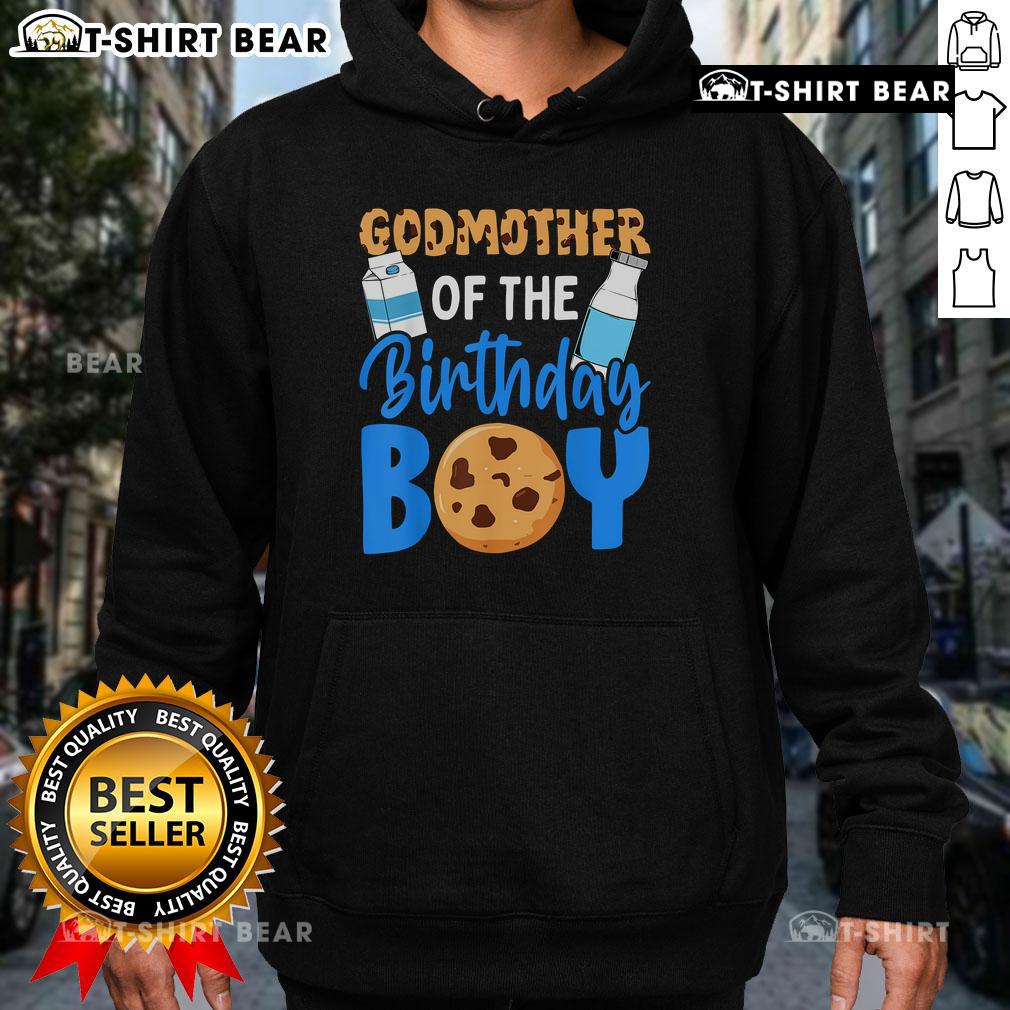 Alt Text: Top Godmother of the Birthday Boy hoodie featuring milk and cookies design for a 1st birthday celebration.
