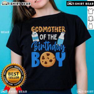 Top Godmother of the Birthday Boy tee featuring milk and cookies design for 1st birthday celebration.