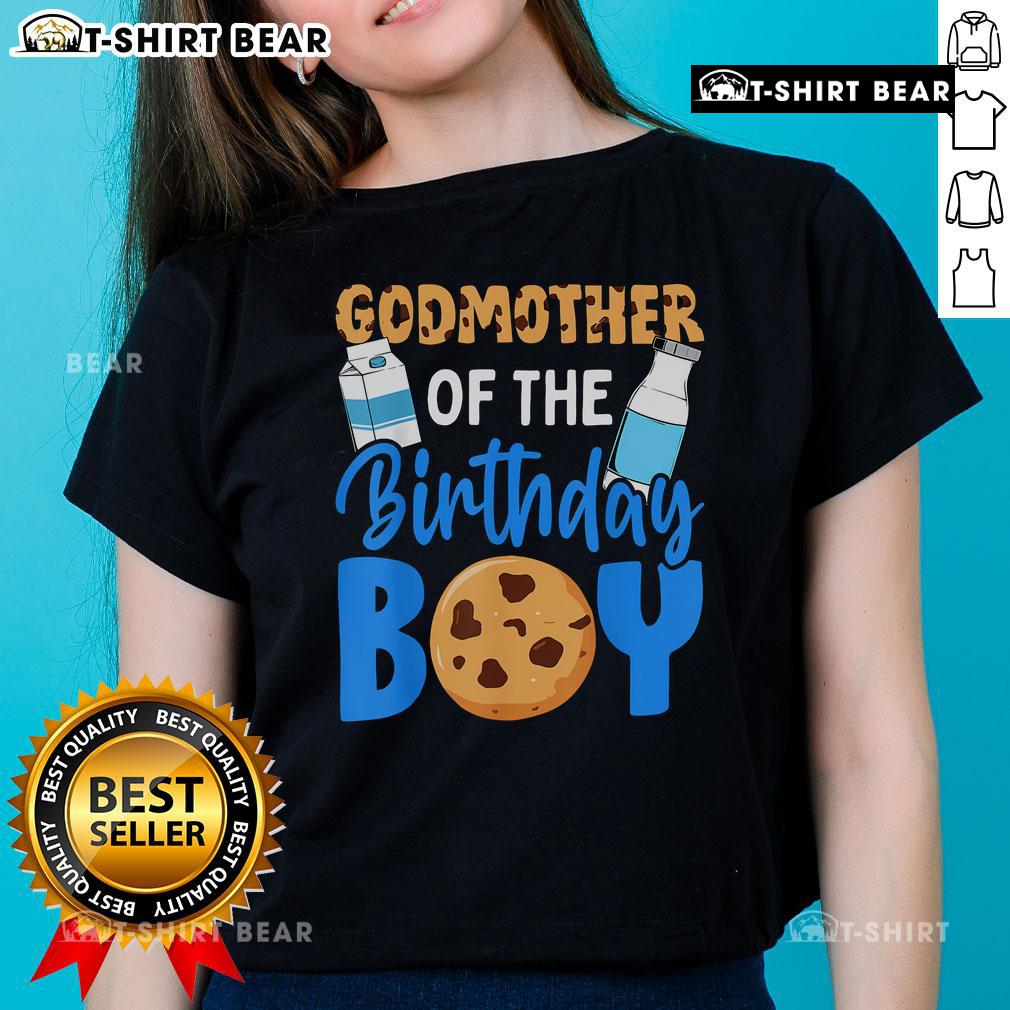 Top Godmother of the Birthday Boy tee featuring milk and cookies design for 1st birthday celebration.