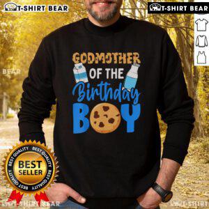 Top Godmother of the Birthday Boy sweatshirt featuring milk and cookies design for a 1st birthday celebration.