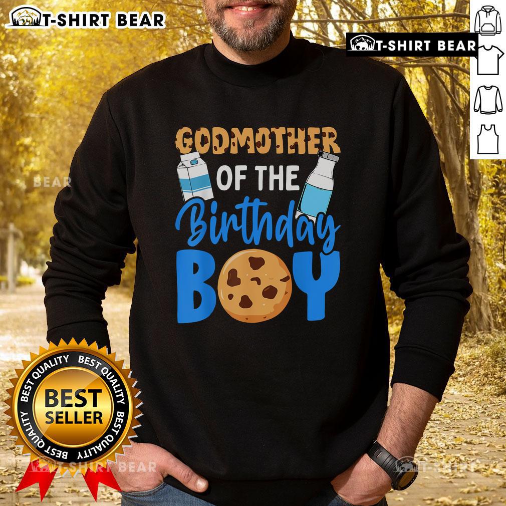 Top Godmother of the Birthday Boy sweatshirt featuring milk and cookies design for a 1st birthday celebration.
