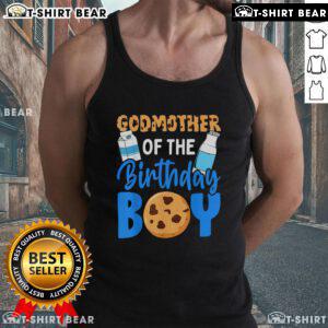 Top Godmother of the Birthday Boy tank top featuring milk and cookies design for 1st birthday celebration.