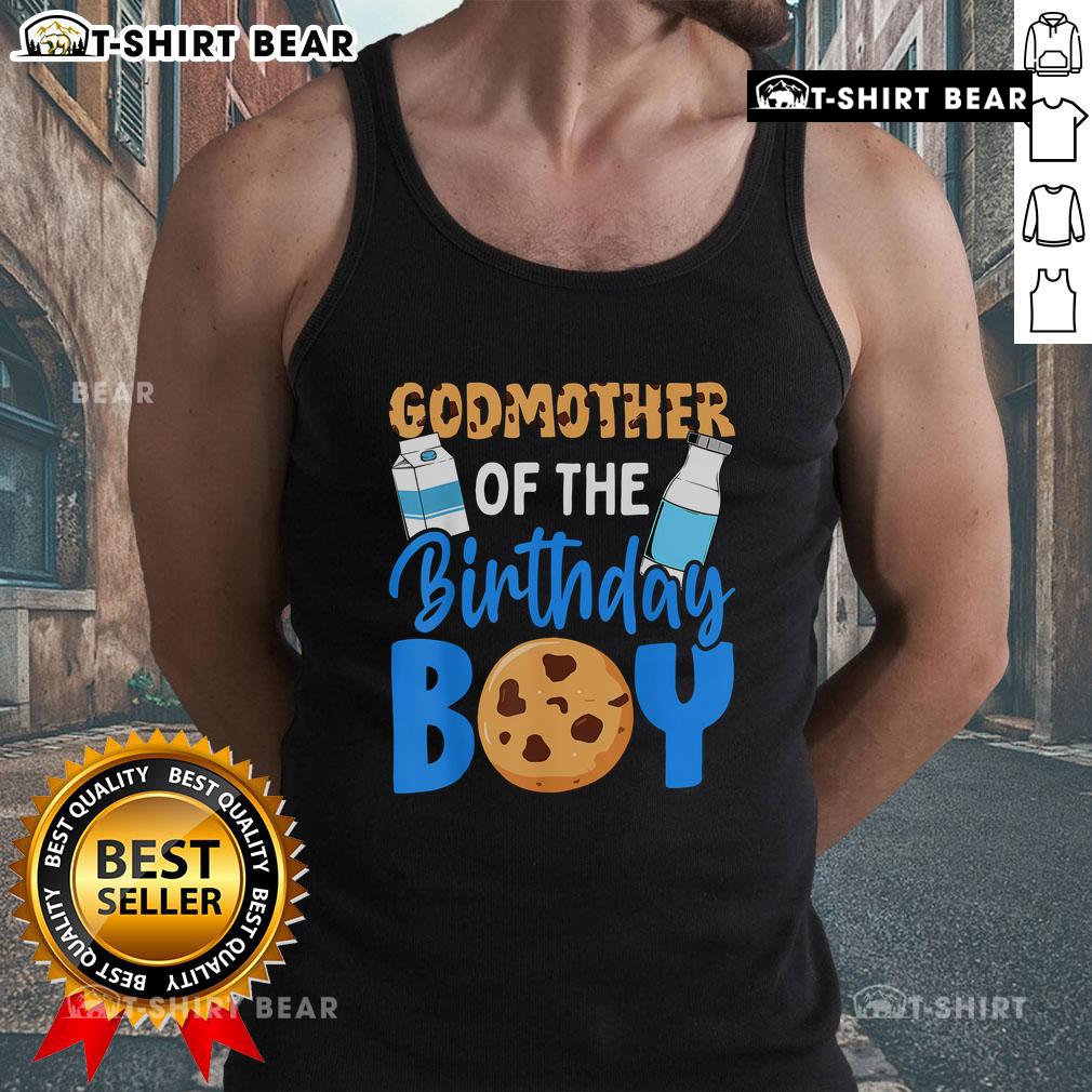 Top Godmother of the Birthday Boy tank top featuring milk and cookies design for 1st birthday celebration.