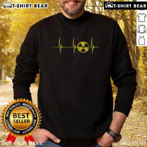 Alt Text: Stylish Top Heartbeat ECG Pulse sweatshirt featuring a nuclear radiation symbol, perfect for fans of Fallout.