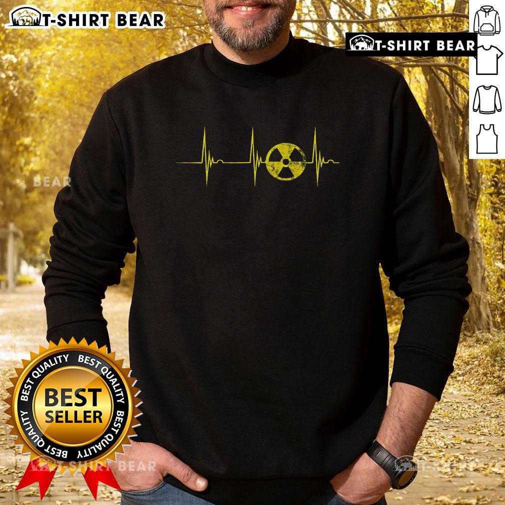 Alt Text: Stylish Top Heartbeat ECG Pulse sweatshirt featuring a nuclear radiation symbol, perfect for fans of Fallout.
