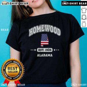 Alt Text: Top Homewood Est 1926 Alabama American Flag Ladies Tee featuring a stylish design and vibrant colors.