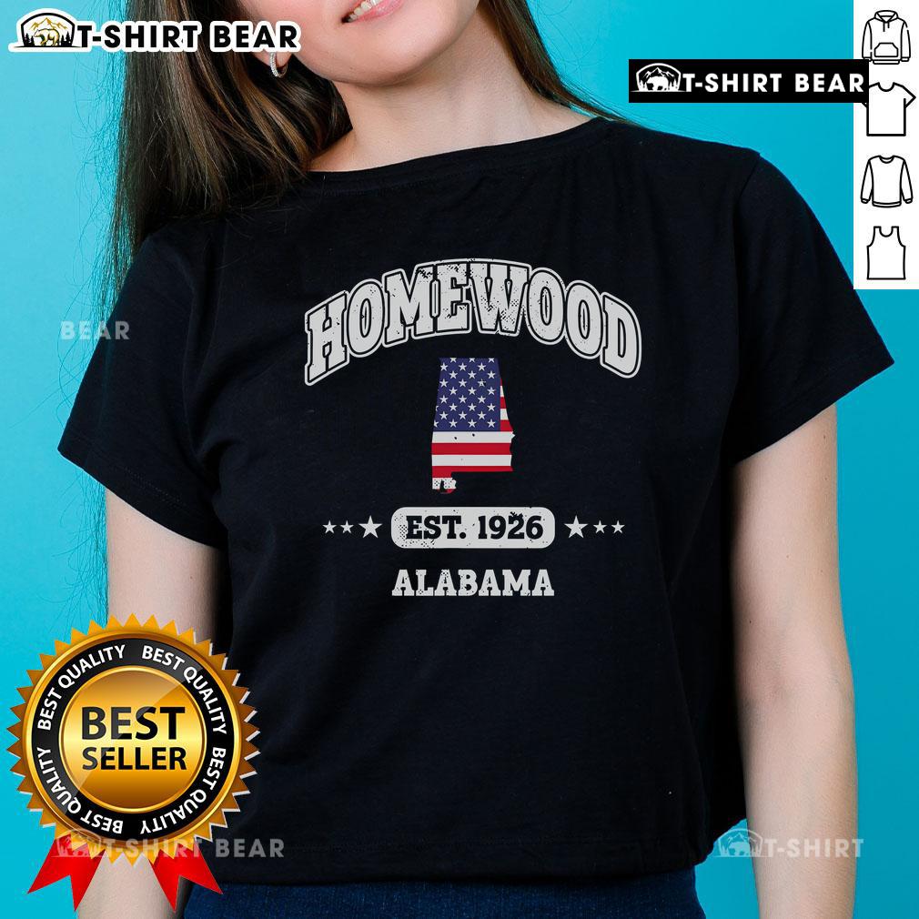 Alt Text: Top Homewood Est 1926 Alabama American Flag Ladies Tee featuring a stylish design and vibrant colors.